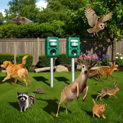 Miniatura 8 de Dispositivos repelentes solares ultrasónicos solares de ciervos/gatos/animales, disuasorio de aves con sensor de movimiento, potencia de detección