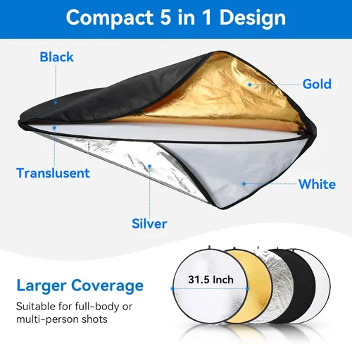 Miniatura 3 de UTEBIT Kit de Soporte para Reflector de Luz de 80 cm (31 Pulgadas) Difusor 5 en 1, Discos Múltiples Plegables con Bolsa, Soporte de Luz de 48