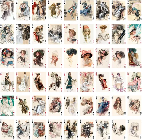Miniatura 2 de Naipes de elegancia eduardiana (baraja de póquer 54 cartas todas diferentes) Hermosas damas con sombreros románticos vestidos salones y escenas