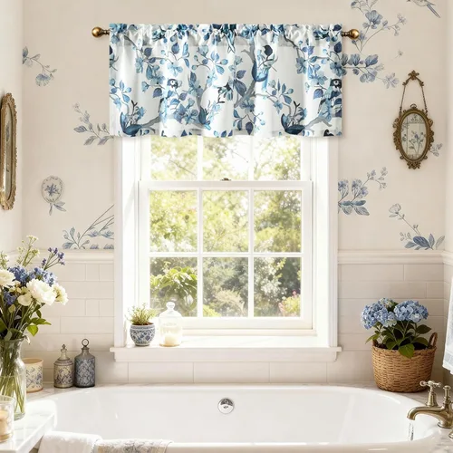 Miniatura 14 de VOGOL Cenefa de pájaro y bayas, decoración clásica de ventana de campo americano con estampado botánico, cortina de bolsillo para barra fácil