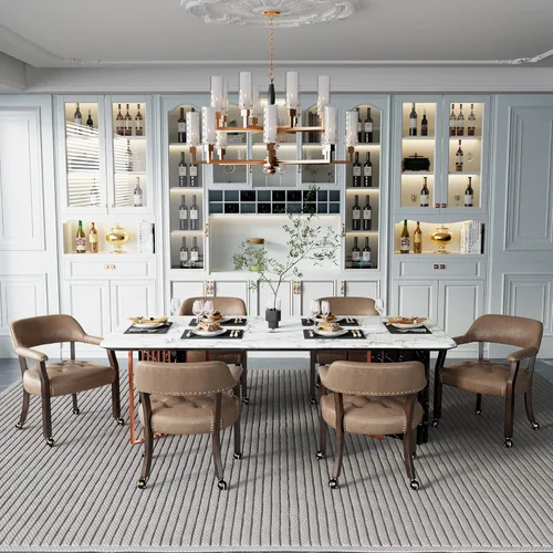 Miniatura 10 de Juego de 8 sillas de cuero de comedor con ruedas y brazos, silla de capitán Accent con ruedas, sillas de madera con ruedas enrollables para cocina