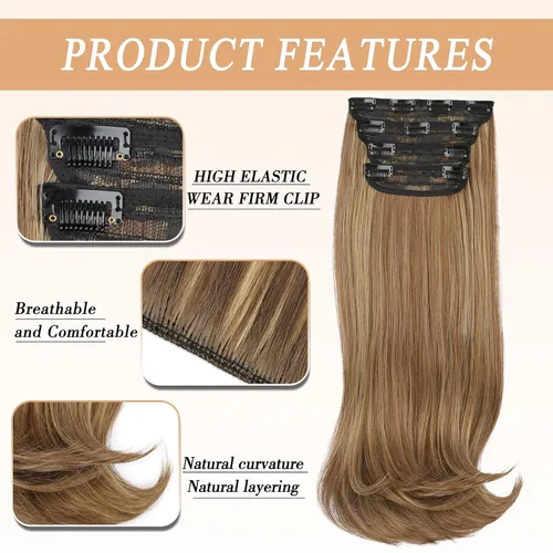 Miniatura 4 de FREEMEIGE 4 piezas de extensiones de cabello con clip, extensiones de cabello largas y gruesas con capas rectas de 20 pulgadas, extensiones