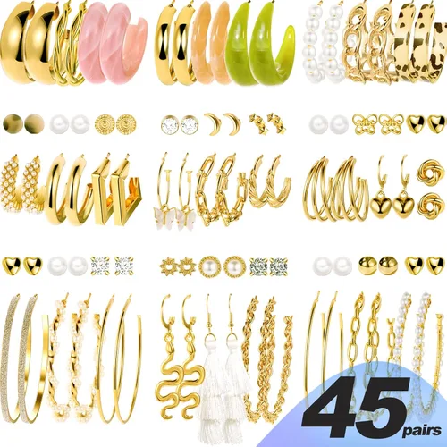 Miniatura 2 de Juego de 45 pares de aretes de aro dorados para niñas y mujeres, juego de aretes gruesos trenzados pequeños y grandes, aretes para mujer, paquete