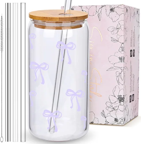 Miniatura 9 de BIPEDS Coquette Tazas de vidrio lindas con moño rosa y tapas y pajitas, taza de café helado estética, taza de diseño preppy femenino, regalos