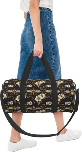 Miniatura 5 de Large Duffle Bag for Travel - Retro Floral Bee Yellow Print Gym Bag for Women Men, Travel Foldable Bags for Women Men with Zippered Multiple Pockets