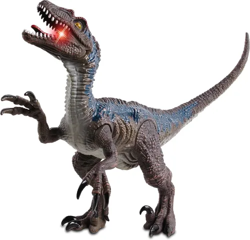 NKOK WowWorld B/O Velociraptor (luces y sonidos), rugidos de reptiles realistas girando un brazo, luces LED rojas en la boca y a lo largo de las