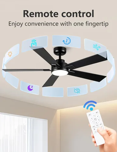 Miniatura 7 de Ventiladores de techo modernos con luces, ventilador de techo negro de 52 pulgadas para exteriores con luz y control remoto, motor CC reversible, 6