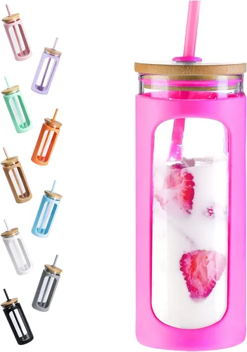 Miniatura 48 de Kodrine Vaso para agua de vidrio de 20 onzas con popote y tapa, botella de agua con tapas de bambú, taza para café helado, reutilizable, boca ancha