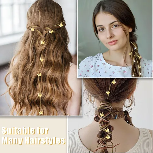 Miniatura 4 de 4 cadenas trenzadas de cabello de mariposas, joyas para el cabello con diamantes de imitación, pinzas para el cabello de mariposas, accesorios