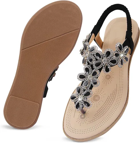 Miniatura 5 de iCKER Sandalias planas de verano elegantes con diamantes de imitación para mujer, sandalias cómodas