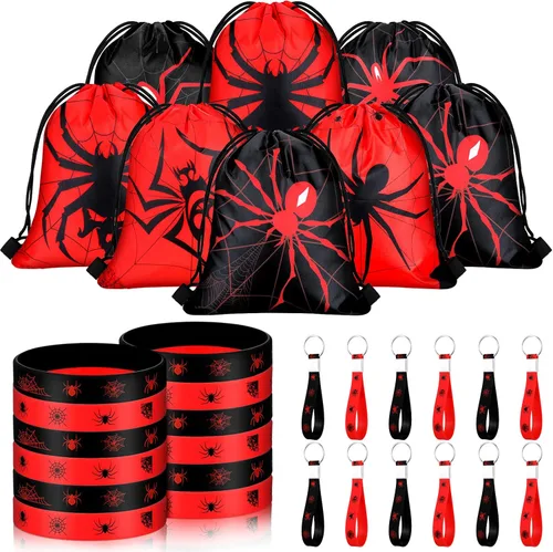 Miniatura 7 de Lothee 32 piezas de telaraña, decoración de fiesta de cumpleaños de telaraña, bolsa con cordón, bolsas de golosinas con pulseras de goma, llavero