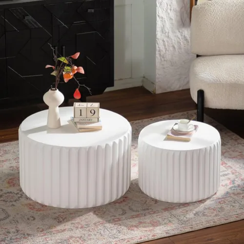 Miniatura 22 de WILLIAMSPACE Juego de 2 mesas auxiliares anidadas, mesas de café redondas de madera color naranja mate, mesas auxiliares modernas de lujo, mesa