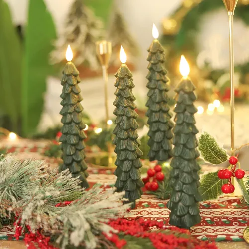 Miniatura 2 de Fo32won Candelabros sin llama en forma de árbol de Navidad a pilas con control remoto y temporizador, juego de 4 velas LED cónicas de cera real
