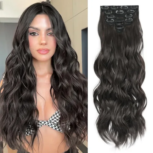 Miniatura 15 de Extensiones de cabello con clip para mujer, negro natural con reflejos marrones, 20 pulgadas, 6 piezas, extensiones de cabello largo, ondulado