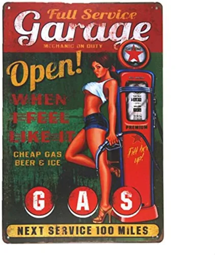 Letrero de metal de gas abierto de garaje, placa de pared, arte de palabras, bandeja antigua, decoración del hogar, póster pin up, carteles de café