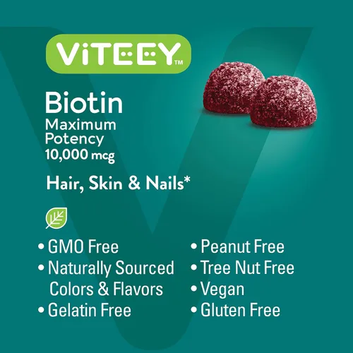 Miniatura 5 de Viteey Gomitas de biotina - 10,000 mcg - 60 unidades Gomitas de biotina para el crecimiento del cabello para la piel y las uñas, veganas, sin