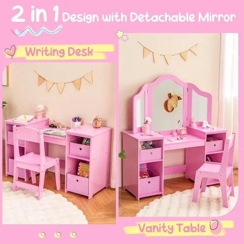 Miniatura 5 de Costzon Tocador para Niños, Juego de Escritorio y Silla de Maquillaje de Princesa 2 en 1 con Espejo Tri-Plegable, 4 Cubos de Almacenamiento, Mesa