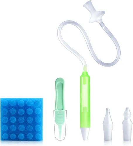 Aspirador nasal para bebé, alivio de la congestión nasal con 25 filtros de higiene, 2 puntas de silicona con pinzas de limpieza nasal, color verde