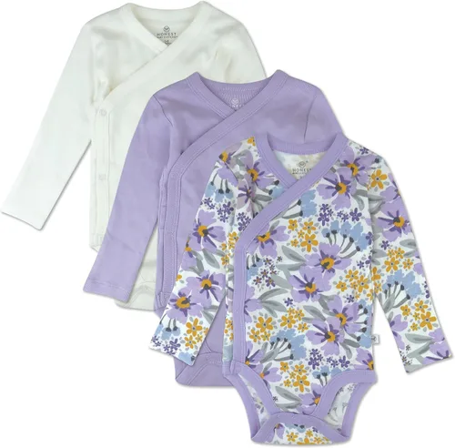 HonestBaby unisex-baby 3-pack Long Sleeve Side-snap Kimono Bodysuits Organic Cotton for Infant Baby Boys, Girls, Unisex
