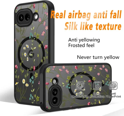 Miniatura 6 de Funda magnética para Google Pixel 10A [Compatible con MagSafe] Funda con patrón floral de flores negras para mujeres y niñas, con borde de TPU Rama