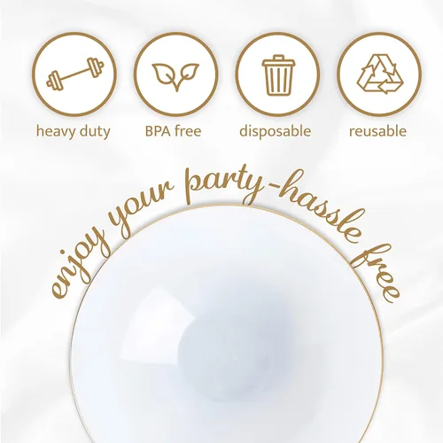Miniatura 7 de PLASTICPRO [16 OZ 20 unidades] Platos de fiesta de plástico blanco con diseño floral, cuencos de sopa con borde dorado, vajilla desechable elegante