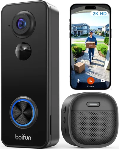 BOIFUN Cámara de timbre de video inalámbrica, visión amplia de 180°, 2K HD, sin suscripción, detección humana AI, de pies a cabeza, visión nocturna