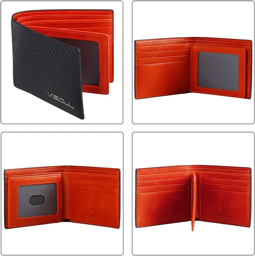 Miniatura 2 de VISOUL Billetera de cuero de fibra de carbono con bloqueo RFID para hombre con 2 ventanas de identificación cartera de cuero para hombre Negro