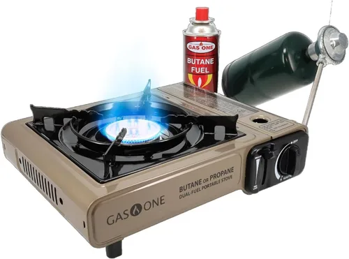 Estufa portátil de doble combustible (gas propano y butano) para campamento y excursiones, con bolsa de transporte dorada, de Gas One (GS-3400P)
