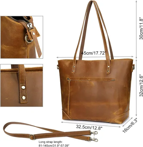Miniatura 5 de S-ZONE - Bolso de mano de piel auténtica vintage para portátil, Bolsa de trabajo para mujeres con bolsillo trasero con cremallera