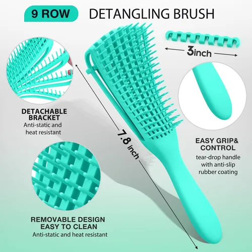 Miniatura 6 de Juego de 2 cepillos para el cabello, cepillos para el cabello para mujeres, hombres y niños, para cabello húmedo y seco, rizado, grueso, fino, Verde