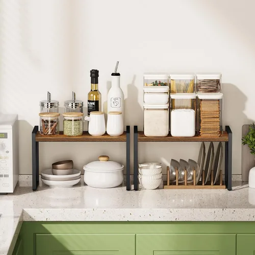 Miniatura 6 de Giikin Organizador de encimera de cocina, juego de 2 estantes de encimera de cocina, estante elevador para estante de especias para armario y Marrón