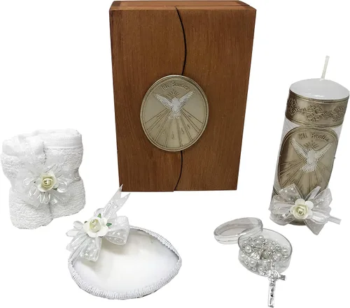 Arcangeles Mexicanos - Juego de velas católicas de bautismo en caja de madera con toalla, vela, rosario y concha para bebés niños y niñas. Hecho a