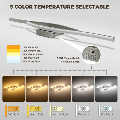 Miniatura 2 de Joossnwell Luces de tocador de níquel cepillado para accesorios de iluminación de baño, sobre espejo, regulables, 5CCT, moderno, lámpara de pared