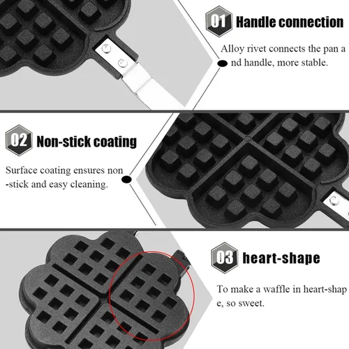 Miniatura 9 de Máquina de gofres antiadherente, plancha de aluminio en forma de corazón con mango desmontable, sartén portátil para fogata, utensilios de cocina
