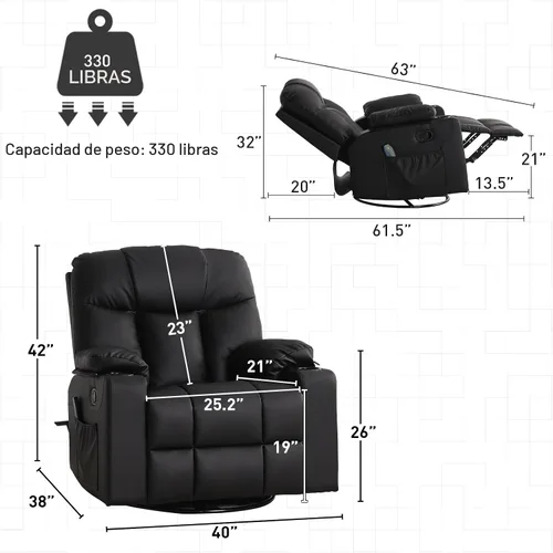 Miniatura 3 de Bonzy Home Sillón reclinable mecedor giratorio de gran tamaño, silla reclinable mecedora de 40 pulgadas con calefacción y masaje, sillón individual