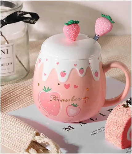 Miniatura 5 de Taza rosa, lindas tazas de fresa con cuchara coladora de tapa, regalos para mujeres, tazas de café de cerámica, taza de té Kawaii de 15 onzas