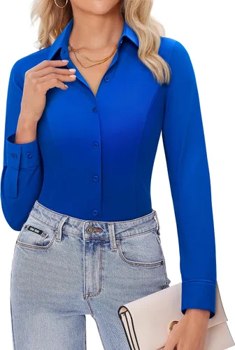 Miniatura 8 de Siliteelon - Camisas de vestir para mujer, manga larga, ajustadas, con botones, elásticas, sin arrugas, con cuello, para negocios, casual, blusa