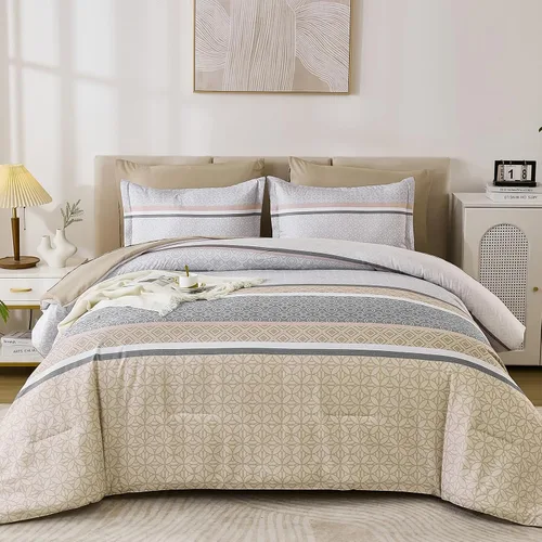 Miniatura 2 de WONGS BEDDING Juego de edredón Beige tamaño Queen, juego de 7 piezas de edredón y sábanas con tiras en una bolsa, juego de ropa de cama