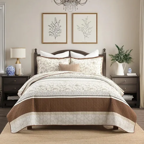 Miniatura 2 de DDUOXIN Edredón 100 % algodón, tamaño Queen, moderno, botánico, con 2 fundas de almohada, colcha con estampado floral a rayas, juego de ropa de cama