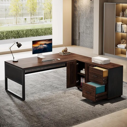 Miniatura 6 de Tribesigns Escritorio ejecutivo en forma de L de 63 pulgadas con archivador móvil, escritorio grande para computadora de oficina, mesa de muebles