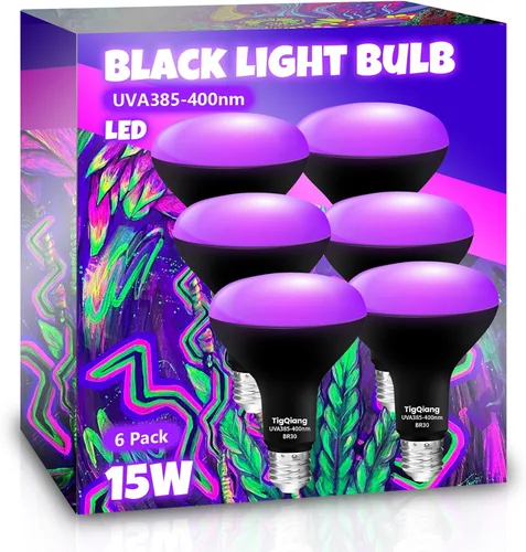 TigQiang Paquete de 6 bombillas negras, equivalente a 120 W, bombilla LED negra E26 BR30 de 385-400 nm para decoraciones de Navidad de Halloween,