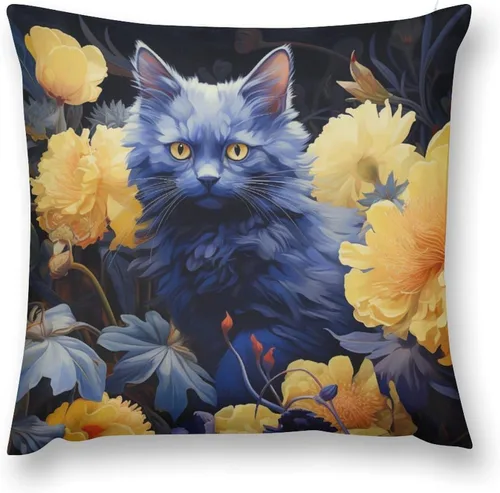 Miniatura 2 de Blue Cat in Bloom - Funda de almohada decorativa cuadrada suave con estampado de doble cara de 12 x 12 pulgadas, adorables almohadas de animales