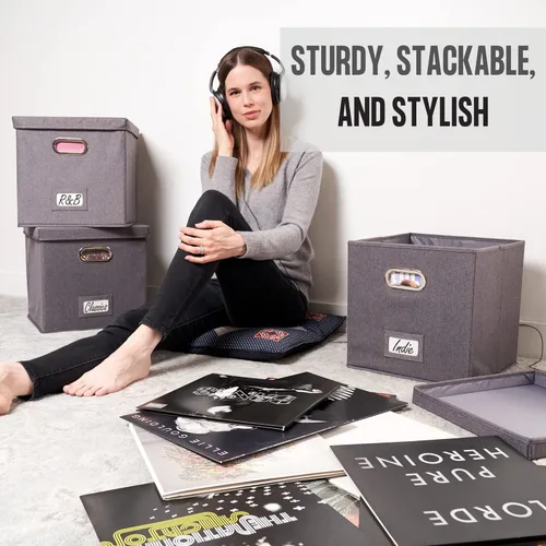 Miniatura 8 de ZICOTO Caja Decorativa de Almacenamiento de Discos de Vinilo para Más de 50 Discos Sencillos - Soporte de LP Robusto y Fácil de Transportar con Tapa