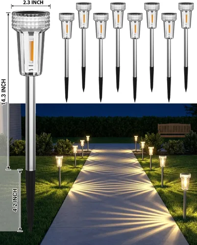 Miniatura 3 de DERAYSION Luces solares para exteriores, paquete de 8 luces impermeables para caminos de jardín, iluminación con poste de acero inoxidable