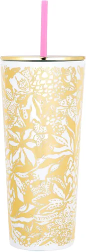 Miniatura 5 de Lilly Pulitzer Vaso de doble pared con tapa y popote reutilizable, vaso de plástico azul, vaso de viaje aislado con capacidad para 24 onzas, Shells