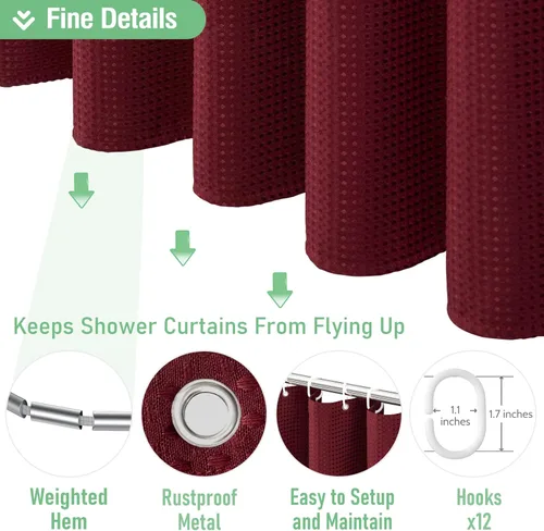 Miniatura 5 de Dynamene cortina de ducha de lino burdeos - cortinas de tela de nido de abeja texturizadas y resistentes para baño, 256GSM, juego de cortinas