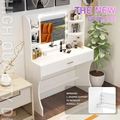 Miniatura 3 de Escritorio de tocador, tocador de maquillaje con espejo y luces, mesa de maquillaje blanca con cajón grande, toma de corriente, eslabones más