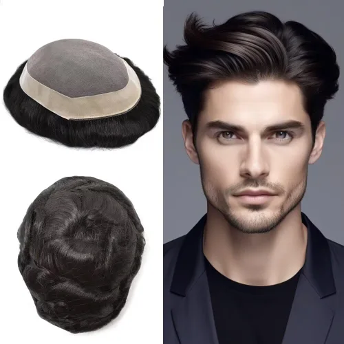 Miniatura 50 de FACE MIRACLE - Pelucas de cabello humano real para hombre, con revestimiento de poliéster, prótesis de cabello masculino, 8 x 11, 1#, negro