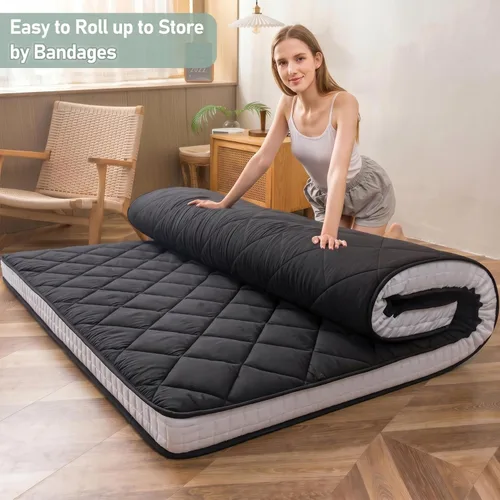 Miniatura 5 de MAXYOYO Colchón Futón de Suelo Japonés Tamaño King, Cama de Suelo para Adultos, Colchón Enrollable Plegable, Cama Futón Japonesa con Patrón de Negro