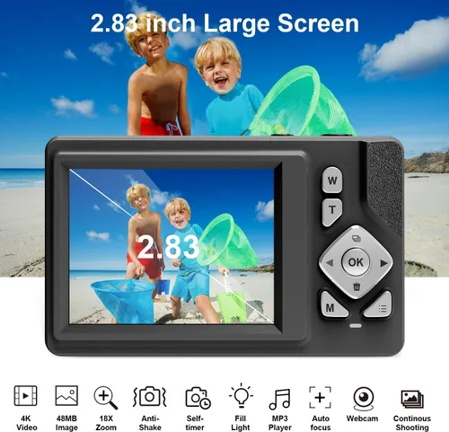 Miniatura 4 de Cámara digital para niños, adolescentes y principiantes - 1080P FHD 48MP, LCD de 2.83 pulgadas, zoom digital 18X y antivibración, tarjeta SD de 32